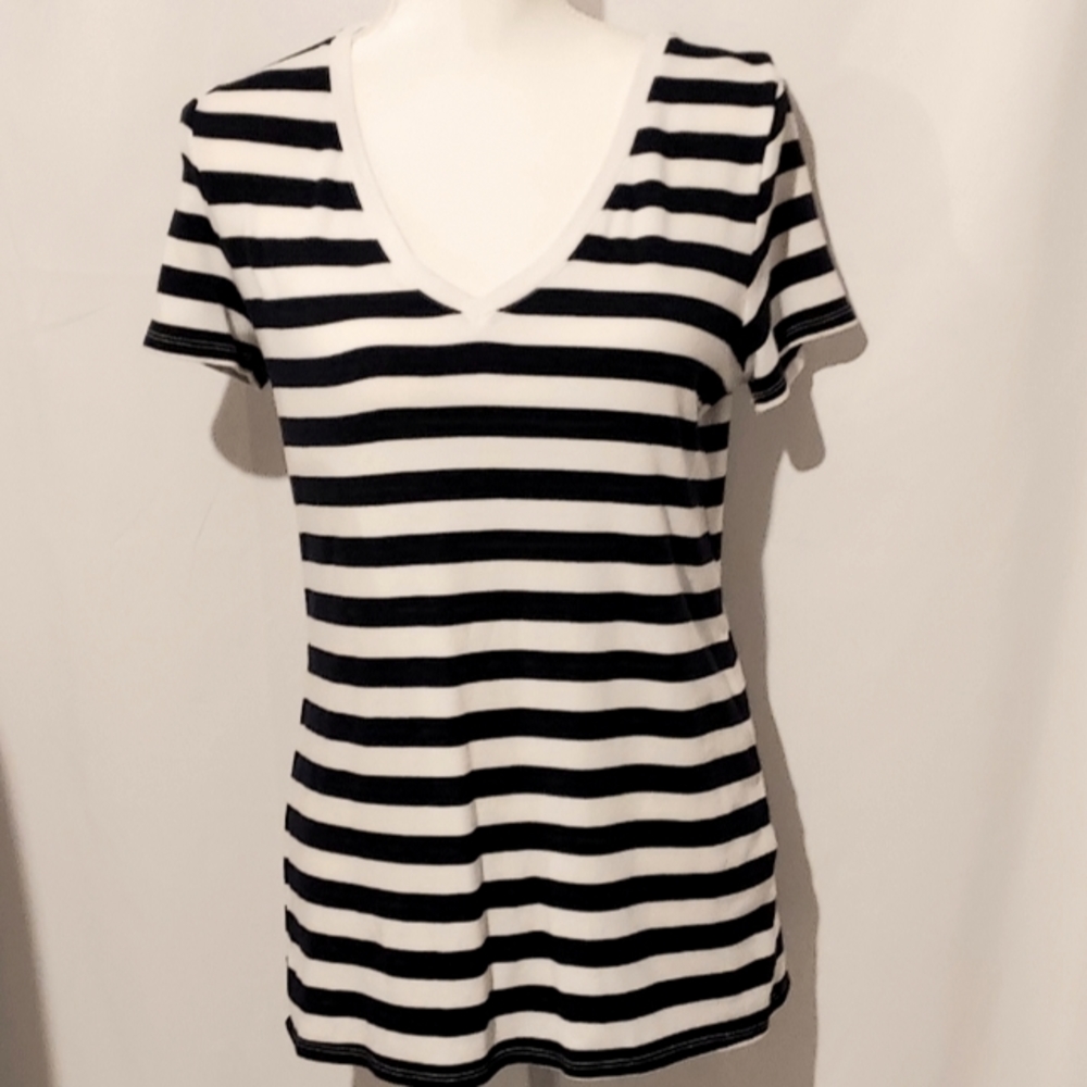 Merona v-neck striped navy and white t-shirt short sleeves LARGE